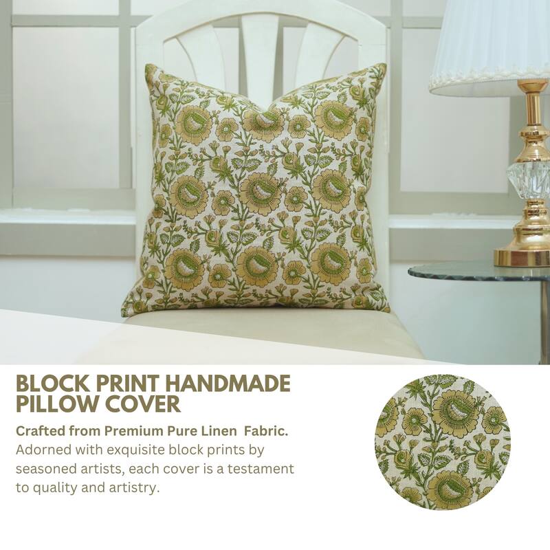 Fabdivine Handmade Floral Accent Pillow 14x20 Inch for Farmhouse Fall Living Room or Sofa Décor, Green Soft Linen, Sun Flower