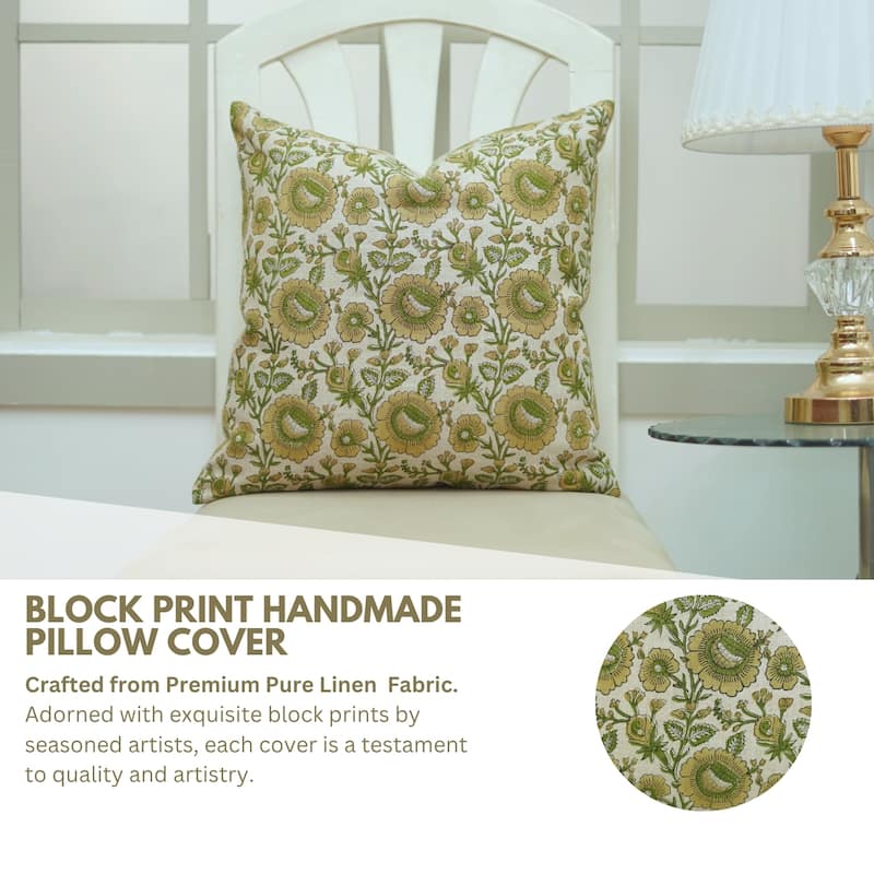 Fabdivine Handmade Floral Accent Pillow 24x24 Inch for Farmhouse Fall Living Room or Sofa Décor, Green Soft Linen, Sun Flower