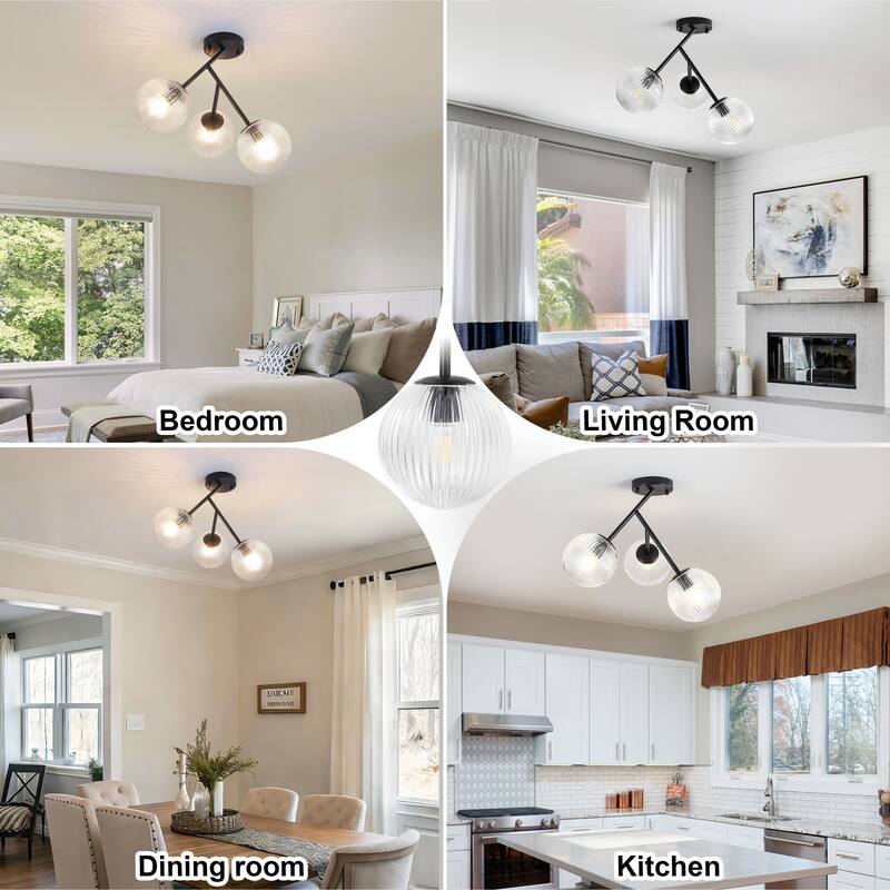 Modern 3-Light Semi-Flush Mount Light with Ribbed Glass Shades