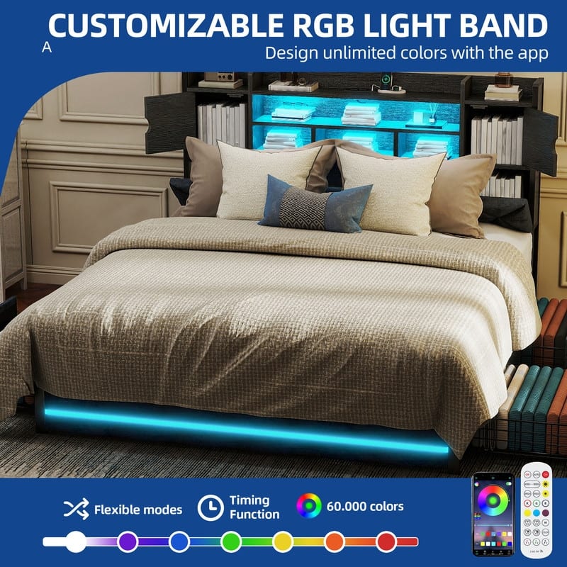Moasis Queen / King Size Upholstered Bed Frame with Storage Bookcase Headboard & RGB LED Lights