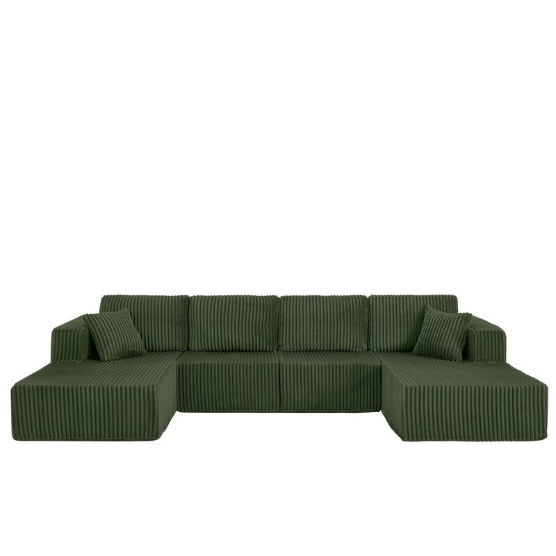 U-Shaped Modular Sectional Sofa with Dual Chaise Lounges, Oversized Corduroy Boneless Couch, Compressed Sofa with Pillows