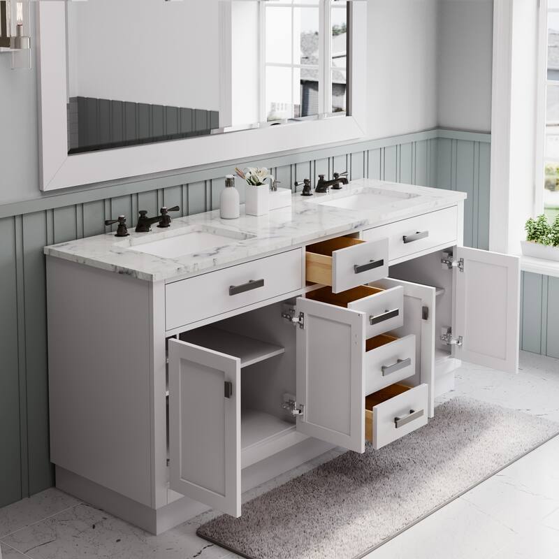 Hartford Marble Top Bath Vanity in White with Mirror & Classic Faucet