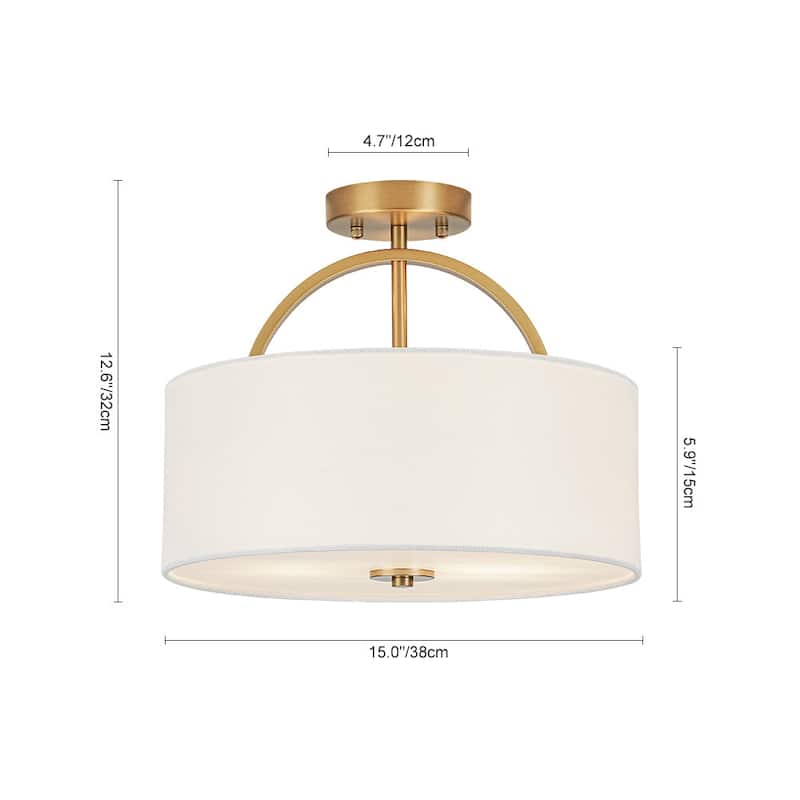 Contemporary 2-Light White Linen Drum Semi Flush Light 15in Wide