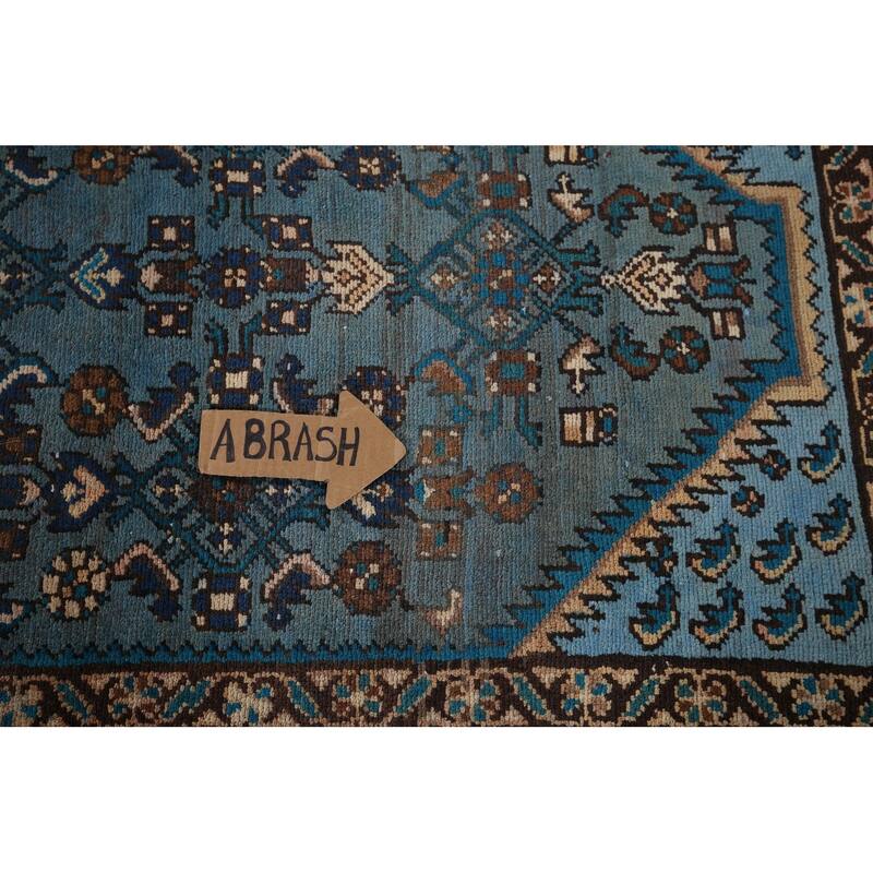 Blue Hamedan Persian Vintage Runner Rug Hand-Knotted Wool Carpet - 3'4" x 9'2"