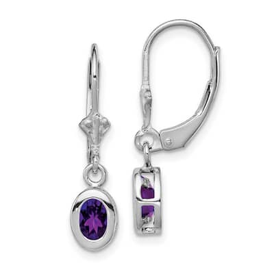 Curata 925 Sterling Silver Bezel 6x4mm Oval Amethyst Leverback Earrings 28x7mm