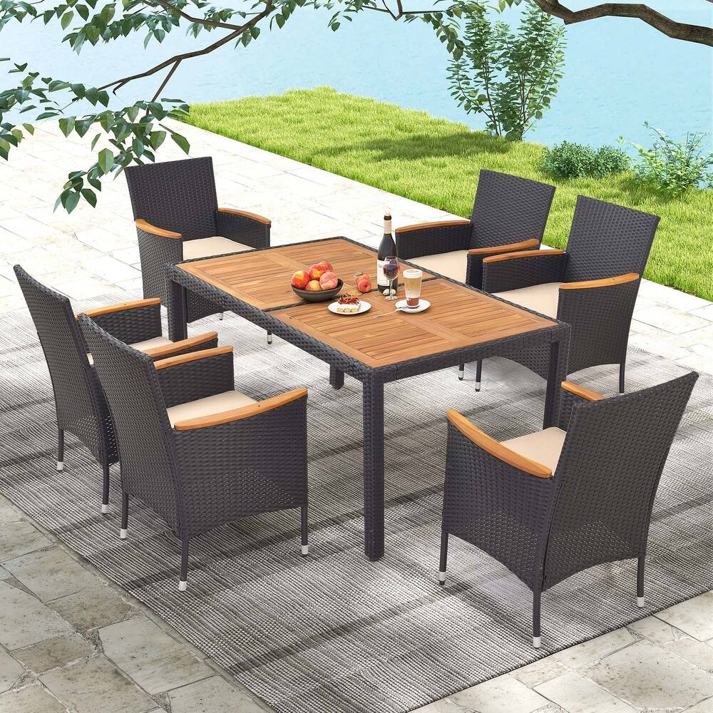 Costway 7 PCS Outdoor Dining Set for 6 with Umbrella Hole Acacia Wood - See Details