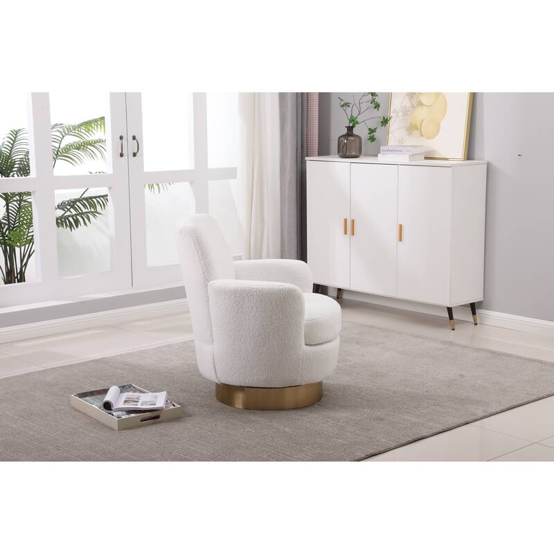 Ivory Faux Fur Modern 29.3" Upholstered Swivel Barrel Chair with Gold Stainless Steel Base