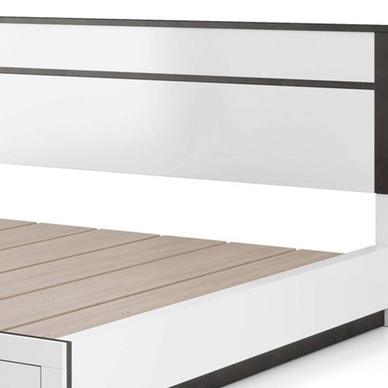 Kena King Size Bed, White Gray Panel Headboard, Low Profile Footboard