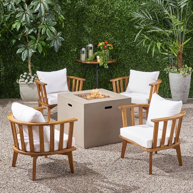 Ridgeview Outdoor 4 Seater Acacia Wood Club Chairs and Fire Pit Set by Christopher Knight Home