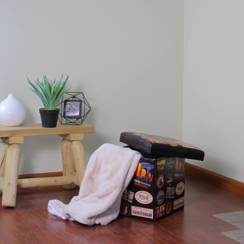 15"Brown Travel Stickers Collapsible Wooden Storage Ottoman