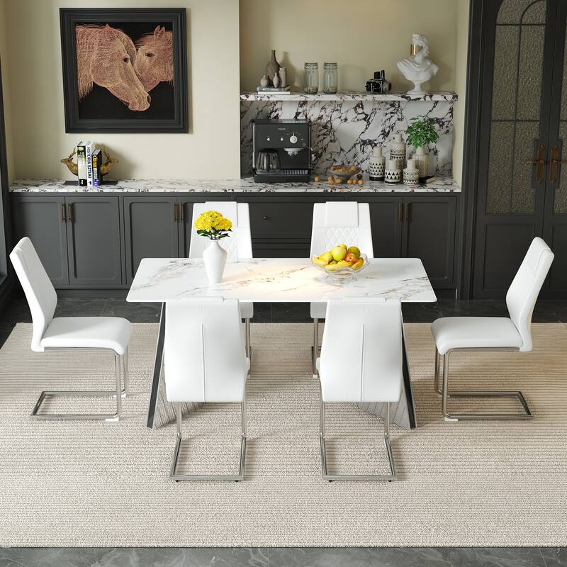Table and chair set, Luxurious Sintered Stone Dining Table Set - 6 High-quality PU Chairs With Arched Metal Legs