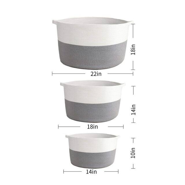 3-Piece Laundry Hamper Set, Cotton Rope Basket Set, White & Grey
