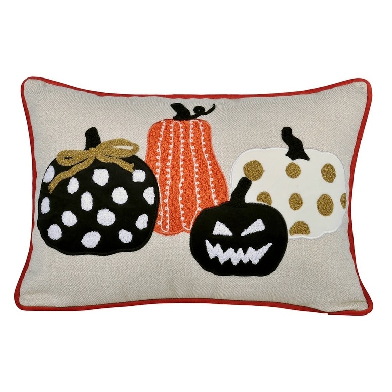 Halloween Pumpkin Embroidered Throw Pillow - Spooky Polka Dot Linen Cushion Set of 2