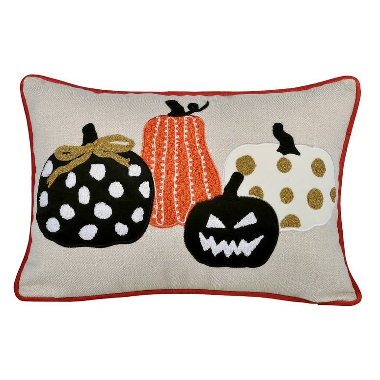Halloween Pumpkin Embroidered Throw Pillow - Spooky Polka Dot Linen Cushion - Multi