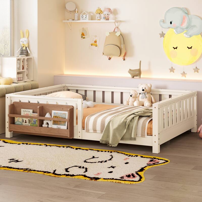 Montessori Floor Bed Low Profile Kids Bed with Rails & Bookshelf