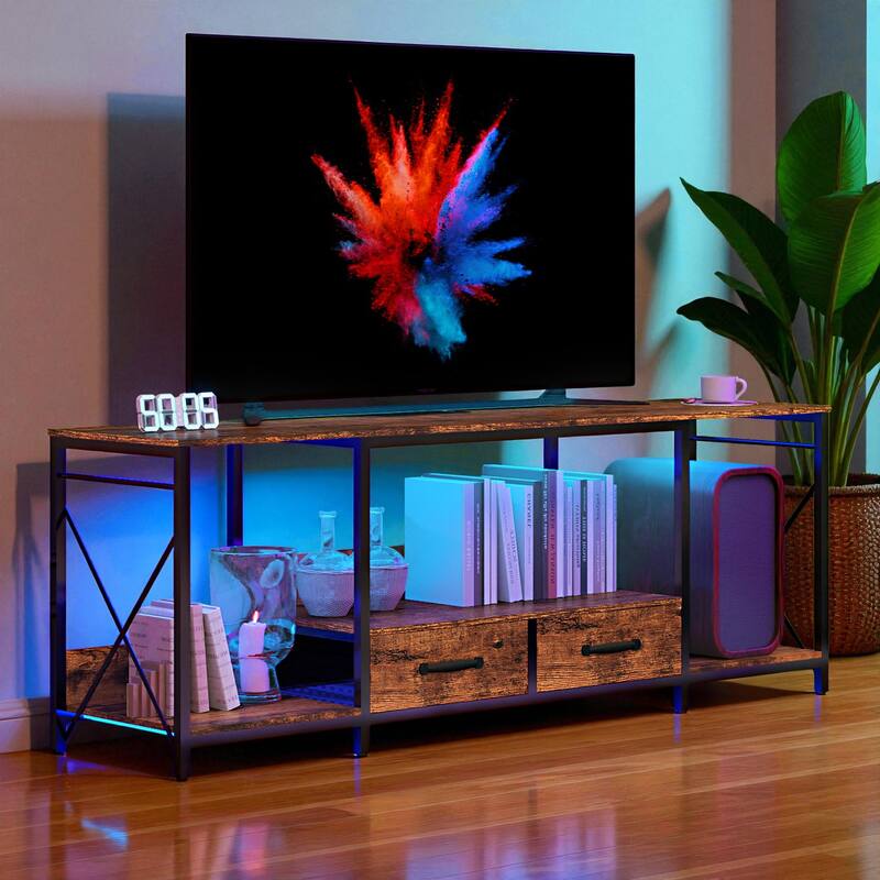 63" LED TV Stand with Power Outlets & Fabric Drawers, Modern Media Console for 65-75 Inch TV with Storage Shelves