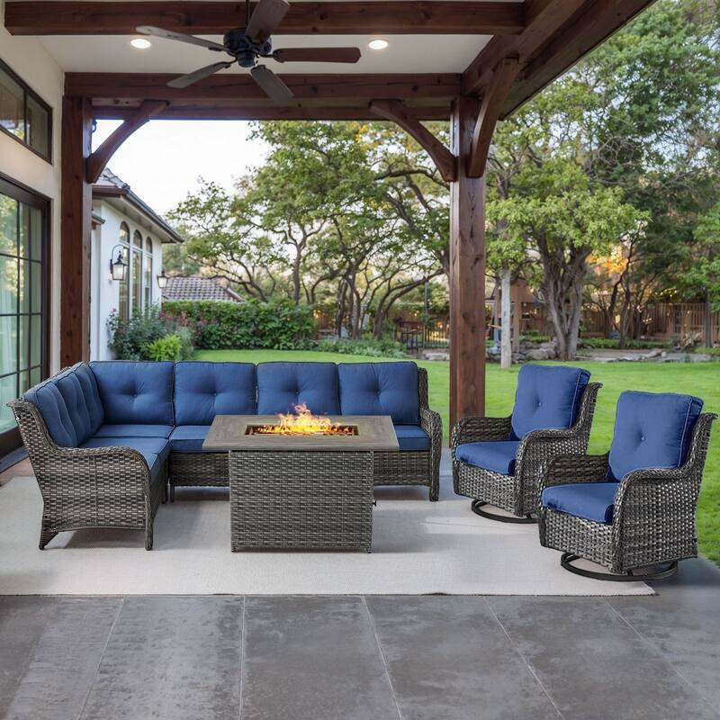 Gymojoy 4-Piece Outdoor Wicker Patio Furniture with Fire Pit and L-shaped Sectional Sofa, Coversation Set with Thick Cushions - Grey Wicker / Blue Cusion - 4-Piece
