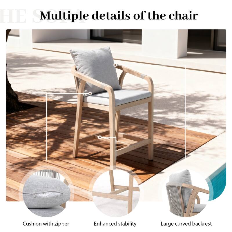 Outdoor Acacia Wood Bar Stools with Rope Back, Set of 2