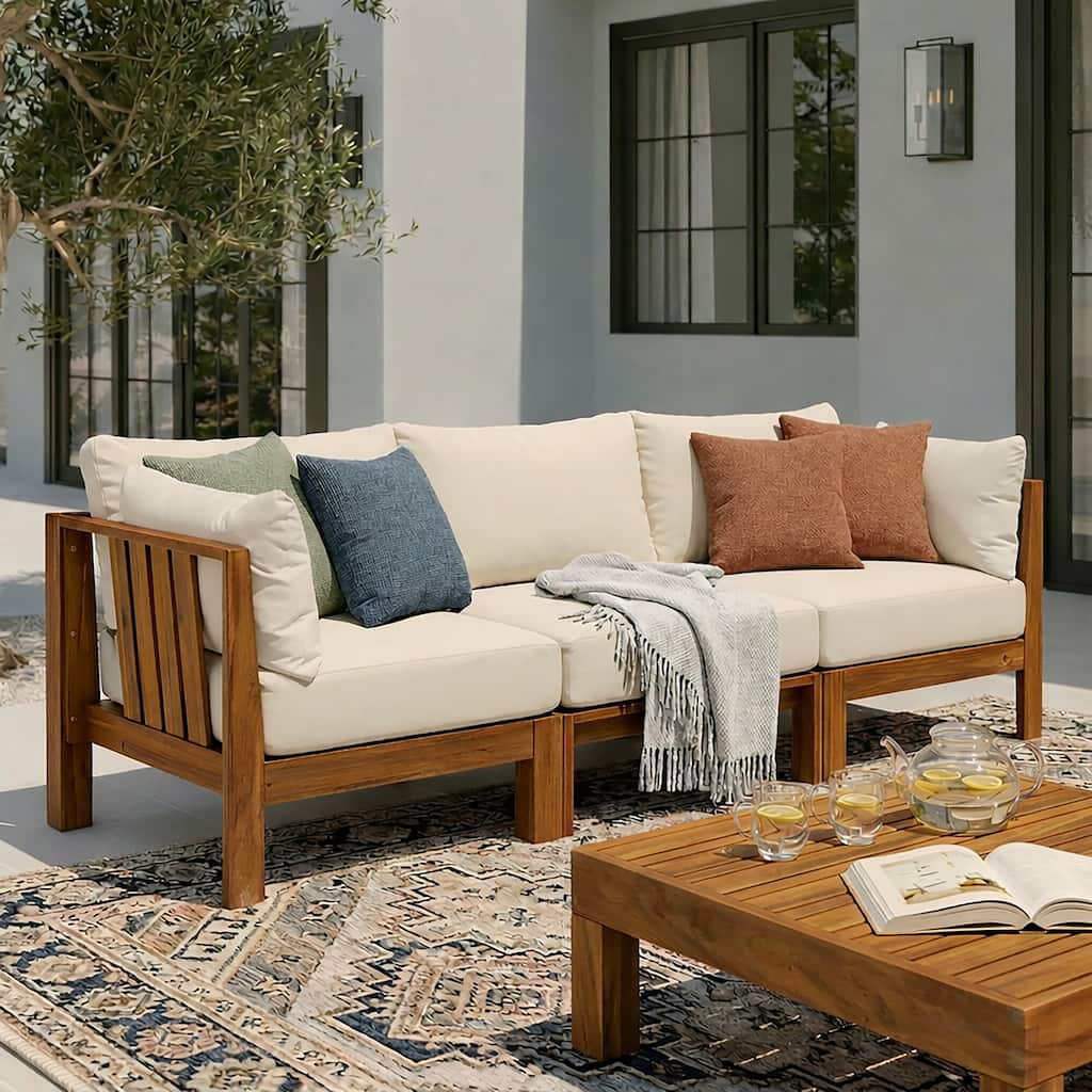 Christopher Knight Home - Sicily Modern 88.4" Outdoor Solid Acacia Wood 3-Seater Modular Sectional Sofa with Supportive Cushions