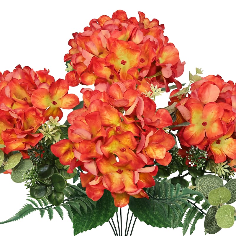 Set of 2 Red Orange Artificial Hydrangea Flower Stem Bush Bouquet 19in - 19" L x 12" W x 12" DP