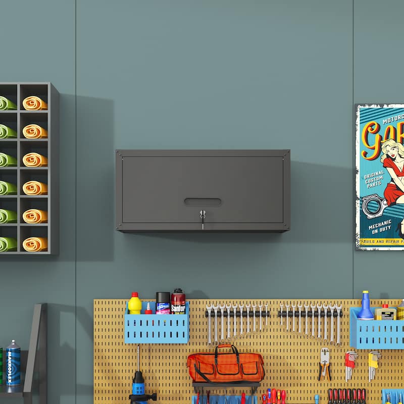 Heavy-Duty Lockable Dark Grey Metal Wall Storage Cabinet for Garage Workshop or Utility Room - 29.52”L x 11.81”W x 13.58”H