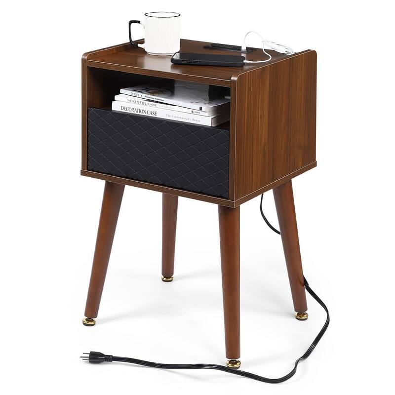 Mid Century Modern Nightstand with Charging Station and USB Ports, Night Stand with Drawers