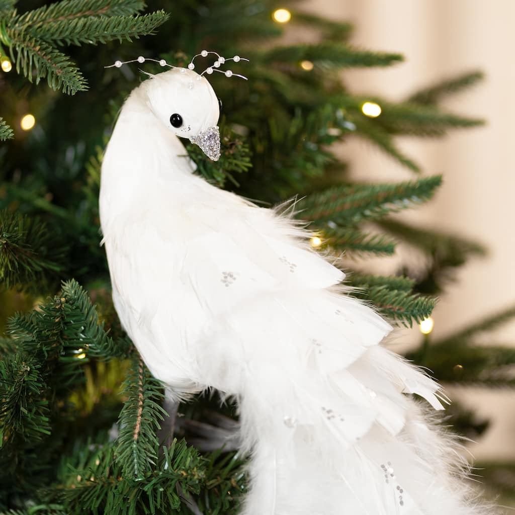 Jeweled and Glittered Peacock Christmas Decoration with Faux Pearls - 24" - White
