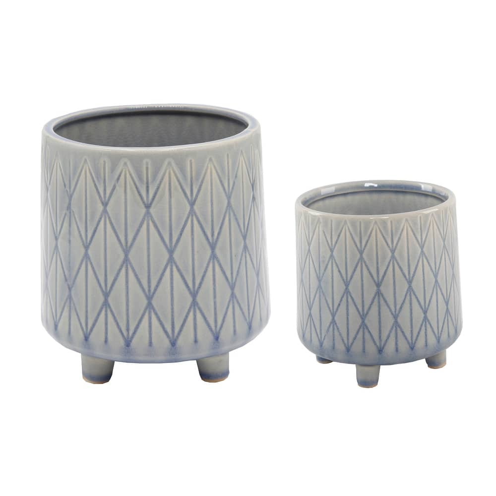 6" & 4.5" Diamond line Ceramic Planter with Legs, Set of 2,Glass Blue