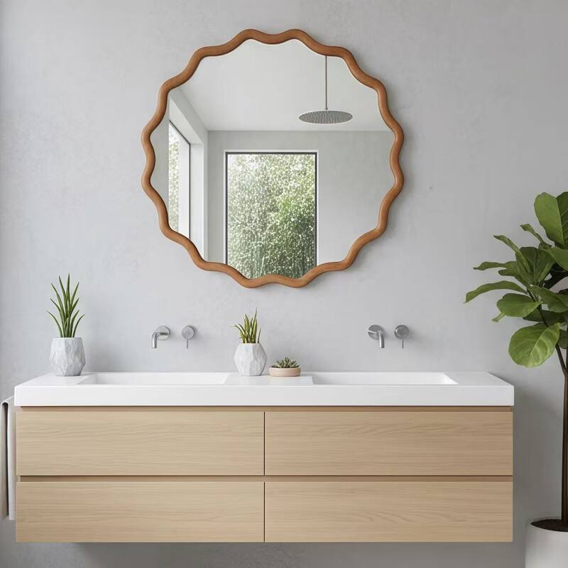 24 inch Wavy Round Solid Wood Frame Decorative Mirror,For Bedroom, Bathroom, Living Room, Entryway