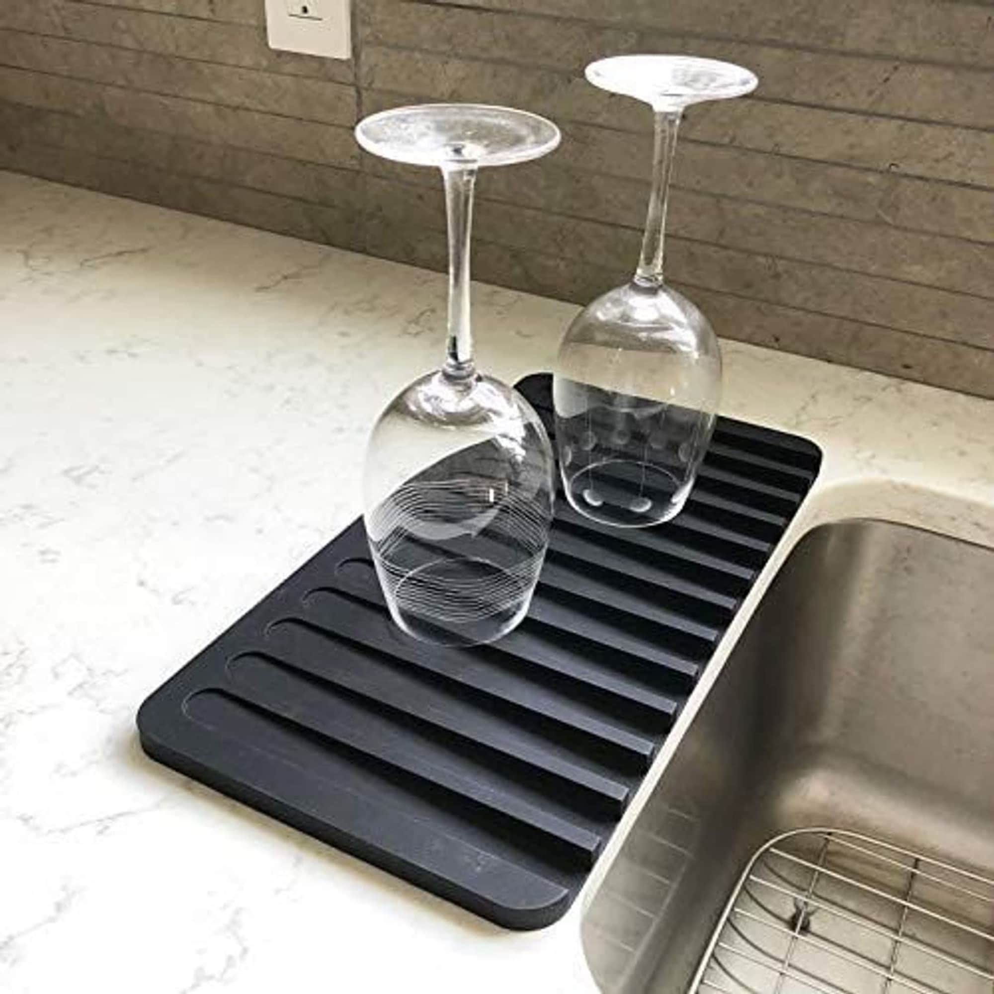 Self Draining Silicone Dish Drying Mat for Kitchen Counter 15x8 Sloped Glassware Tray Black Bed Bath Beyond 38234926