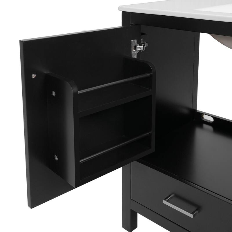 36"Black Bathroom Vanity with Ceramic Sink, Soft-Close Doors, Double Storage Shelves & Divided Drawer with Ample Storage