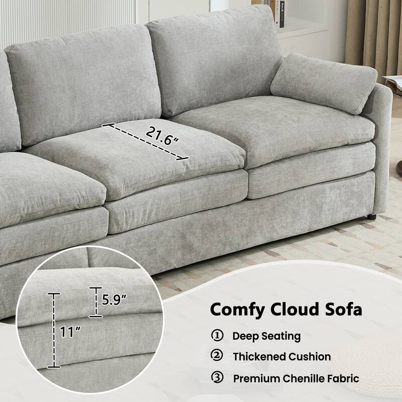 Modern Chenille Comfy Upholstered 3-Seat Sofa, Comfy Cloud 3-seater Sofa w2 Lumbar Pillow Plush Cushion Sofa Couch