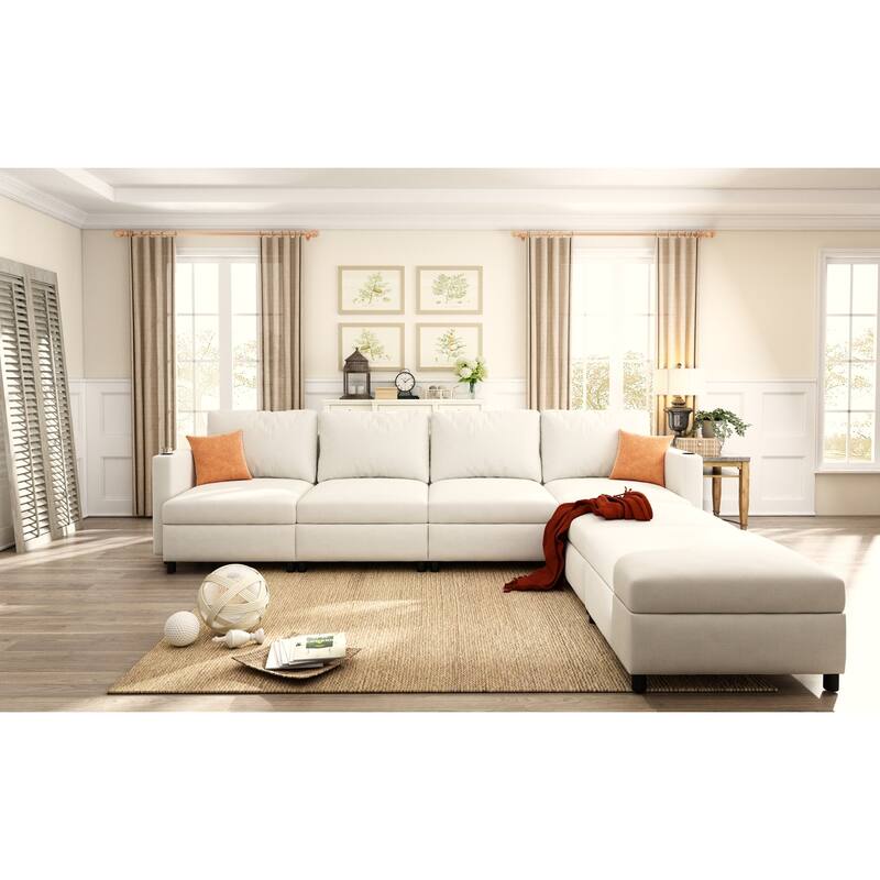 Oversized Sectional Sofa Set, Convertible L Shaped Couch Sofa Bed with Storage, 6 Seater Modular Sofa with Ottomans and Chaise
