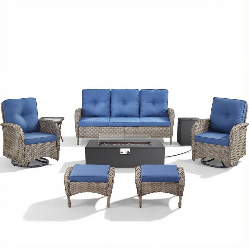 Pocassy 5/7 Piece Sofa Swivel Chair Ottoman with Fire Pit Table