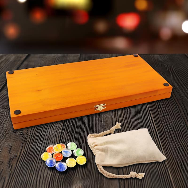 GSE™ 4-Player Mancala Board Game with Multi-Color Glass Stones, Folding Wooden 4-Way African Mancala Game Set
