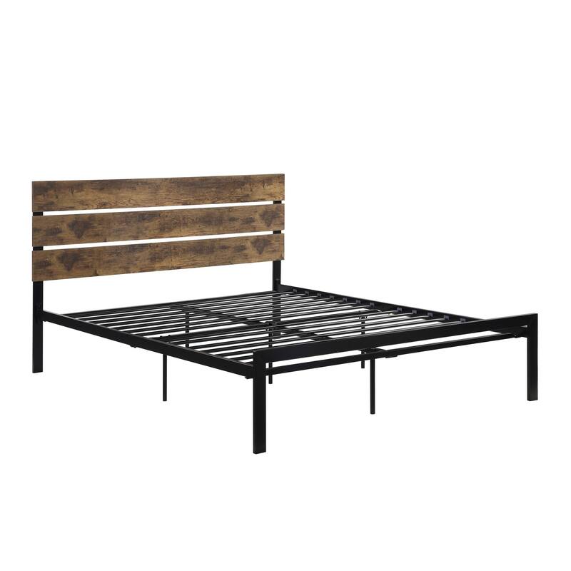 Mars Queen Platform Bed, Brown Faux Wood Slat Headboard, Black Metal Frame
