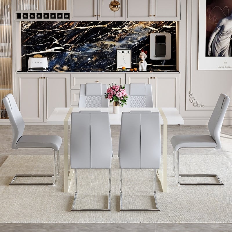 7-Piece Modern Dining Table Set with 6 Upholstered Chairs, Silver Metal Legs