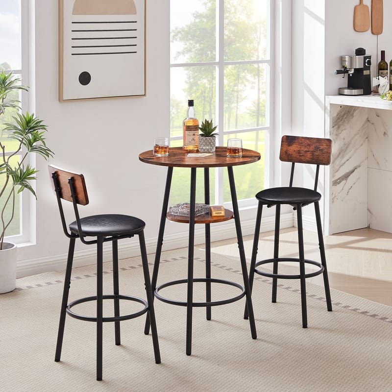 Round Bar Stool Set with Storage Shelf and Backrest - 35.43" Counter Height Stools - Rustic Brown
