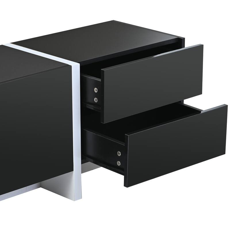 Sleek TV Stand with 2 Drawers, 3 Cabinets, and Contemporary Design for 80-Inch TVs, Black and White Finish.
