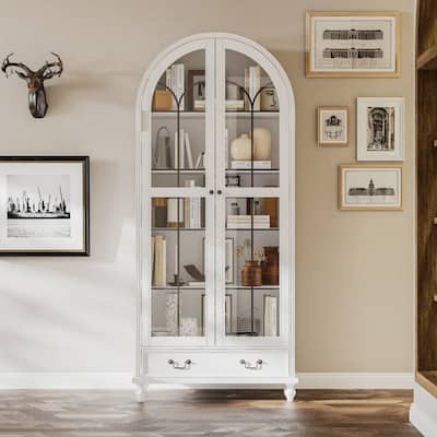 Arched Glass Display Cabinet with Drawer, Tall Curio Bookshelf for Living Room