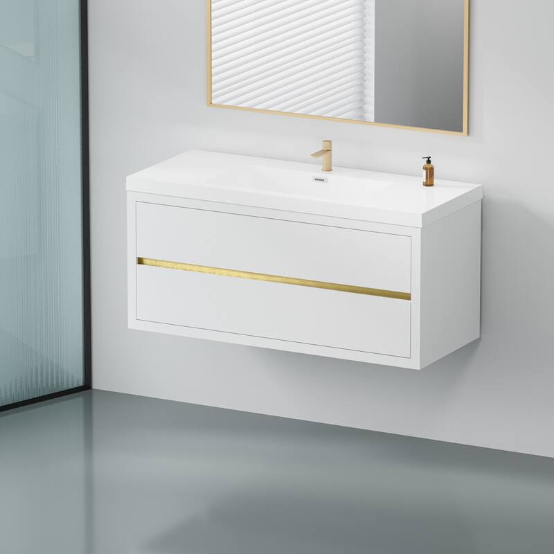 GDFStudio - Maxwell Floating Bathroom Vanity with Stone Resin Countertop & Soft-Close Drawers