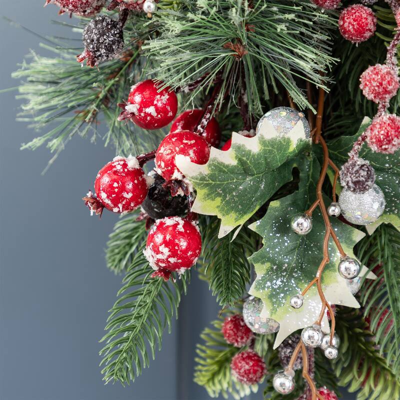 Glitzhome Christmas Berry Bow Pinecone Bell Holy Leaf Teardrop Swag Xmas Wreath