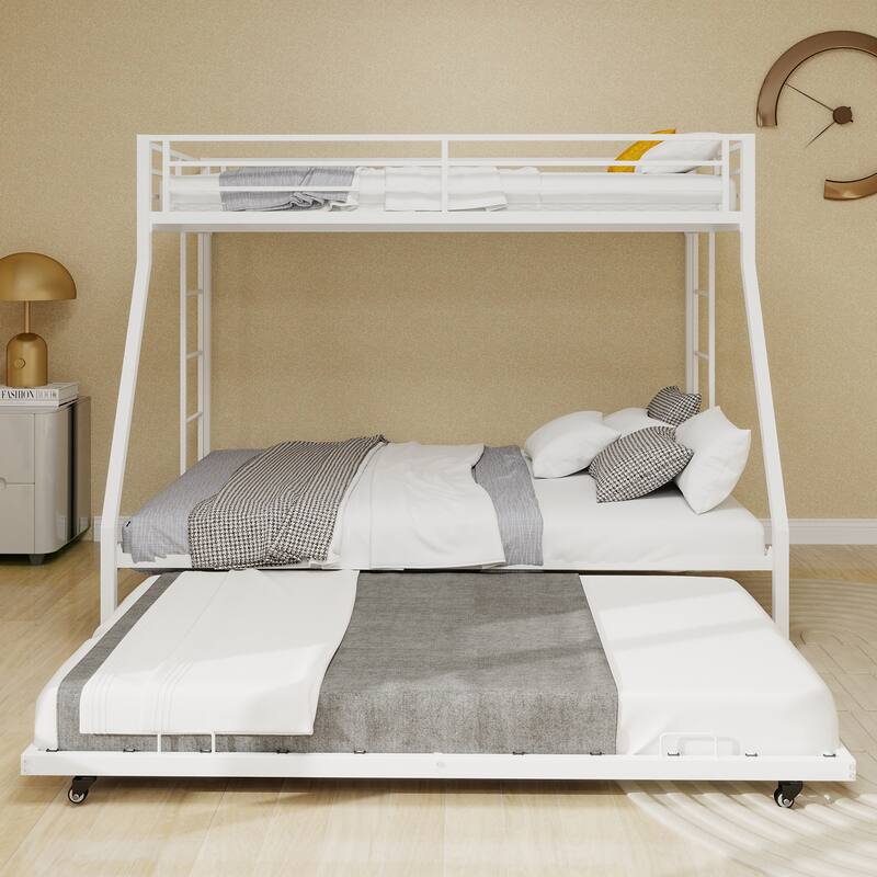 Modern Minimalist Square Tube Bunk Bed with Ladder & Rolling Trundle, Queen Size, White - White