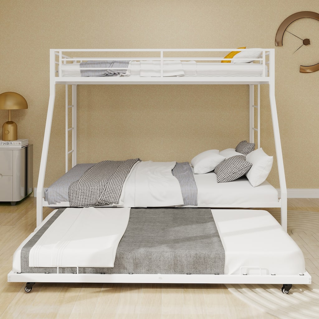 Modern Minimalist Square Tube Bunk Bed with Ladder & Rolling Trundle, Queen Size, White