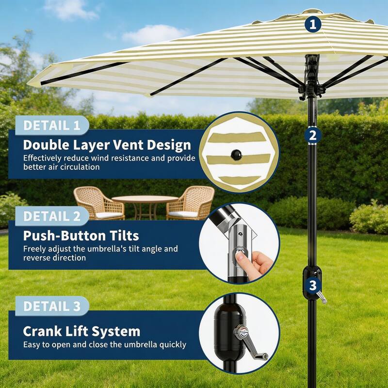 9 ft Patio Umbrella, with Crank Lift & Push Button Tilt, 8 Sturdy Ribs