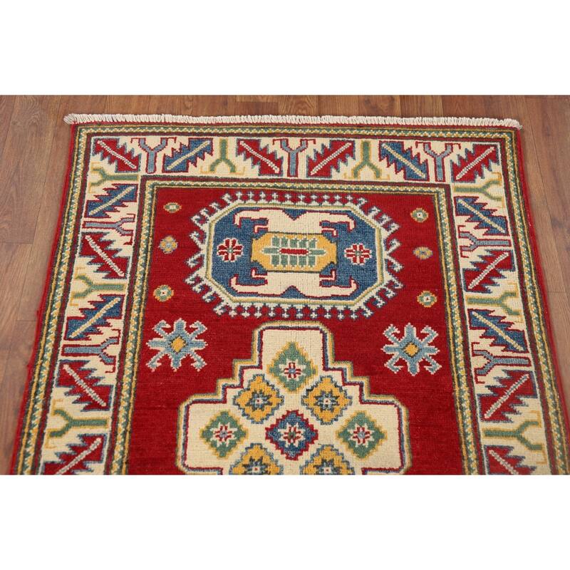 Geometric Red Kazak Foyer Rug Hand-Knotted Wool Carpet - 2'8" x 4'1"