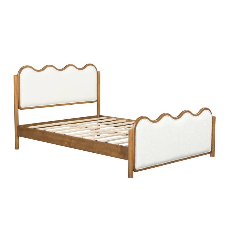 Christopher Knight Home - Modern Upholstered Boucle Bed Frame with Wooden Legs with Wavy Curved Headboard