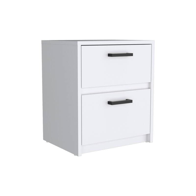 White Nightstand with Two Drawers and Metal Handles
