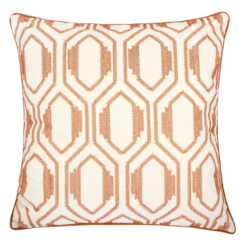 Geometric Embroidered Cotton Throw Pillow - Rust Modern Accent Set of 2 - Rust