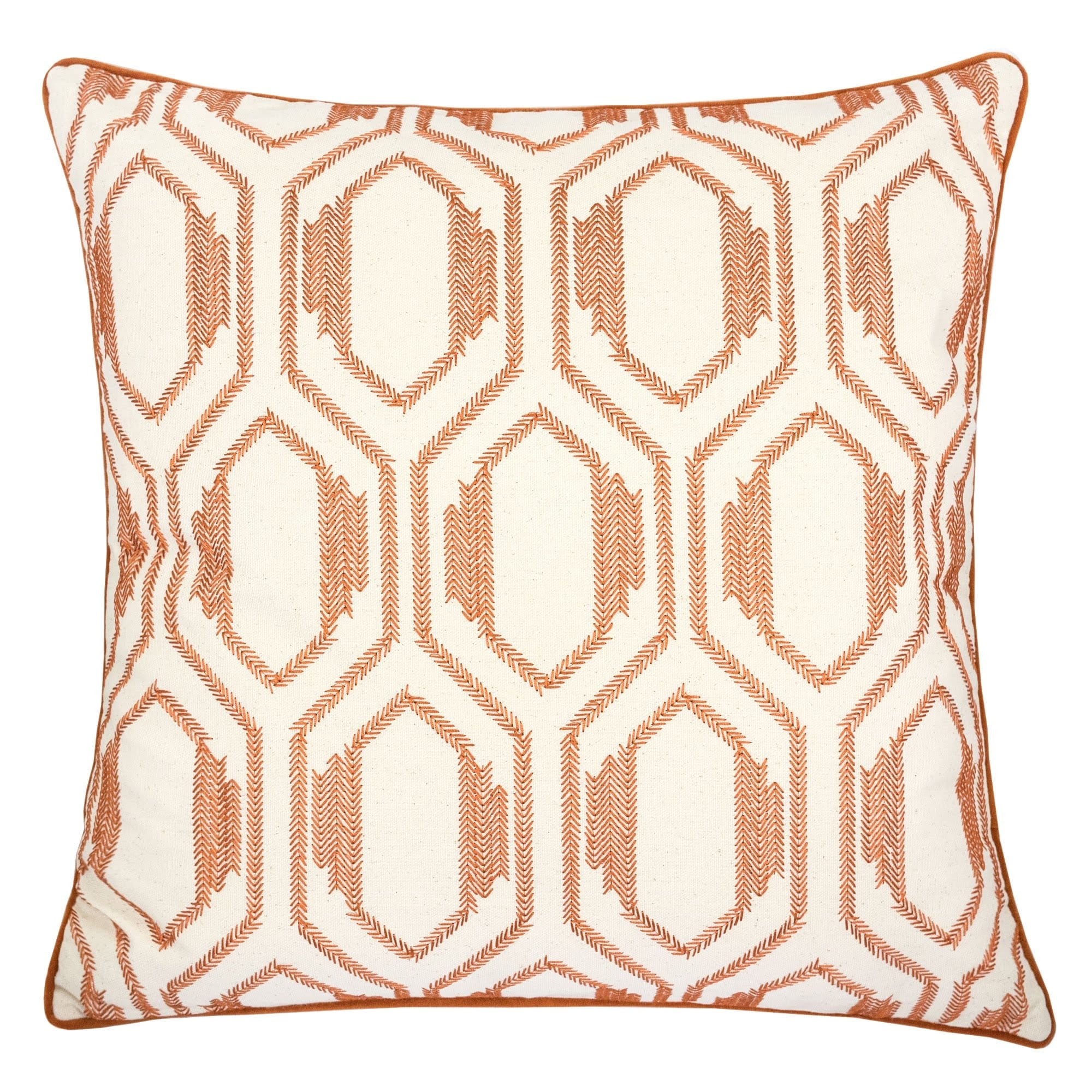 Geometric Embroidered Cotton Throw Pillow - Rust Modern Accent Set of 2